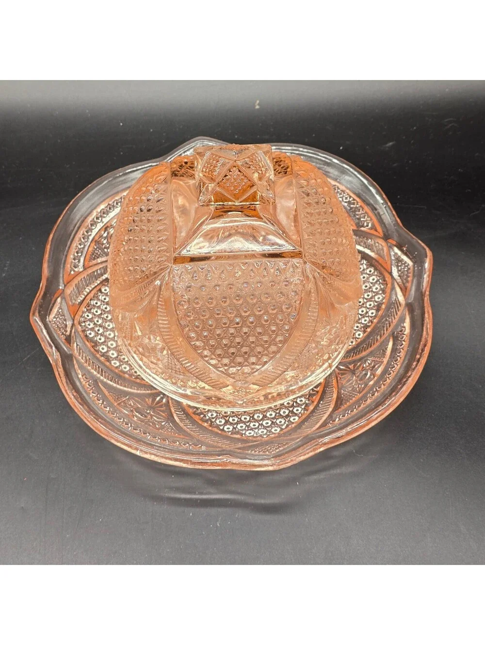 Vintage EAPG Massachusetts Pattern Pink Glass Covered Butter / Cheese Dish